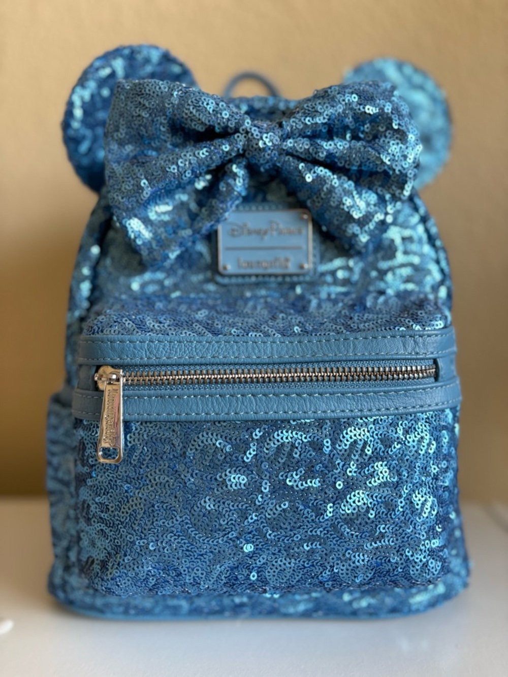 Loungefly Blue Sequin Mini Backpack with Bow and Ears